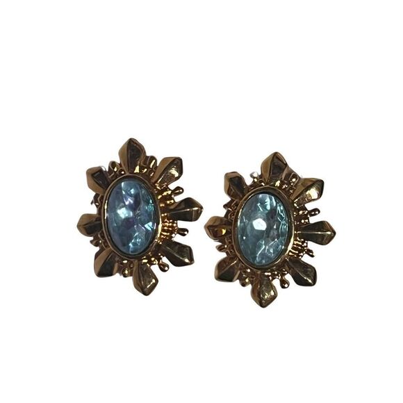Vintage Avon Gold Tone Starburst Blue Rhinestone Clip On Earrings - Picture 9 of 11
